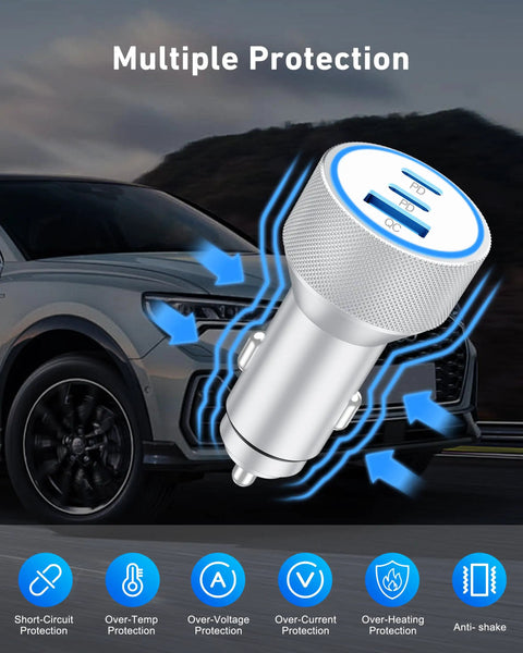 67W Three-Port USB C Car Charger With 3Ft Cable For iPhone 17 16 15 Pro Max Pro Air Plus And iPad Fast Charge On The Road Cigarette Lighter Power Adapter shown with multiple protection features.