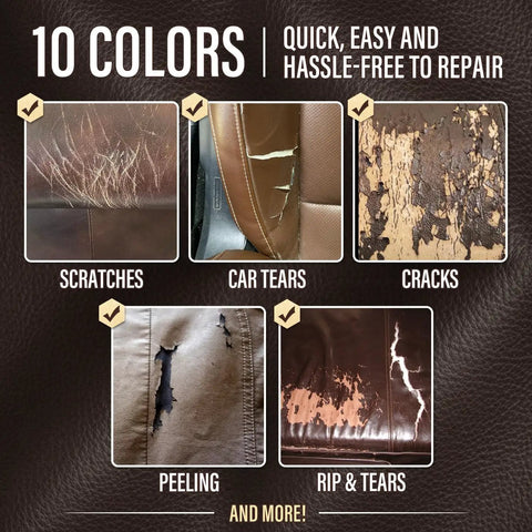 Leather And Vinyl Repair Kit For Car Seats And More All In One With 10 Pigments For Dope Color Matching Easy Instructions To Restore Faux Leather Pleather And Genuine Leather No Experience Needed showing repair examples on scratched, torn, and cracked surfaces.