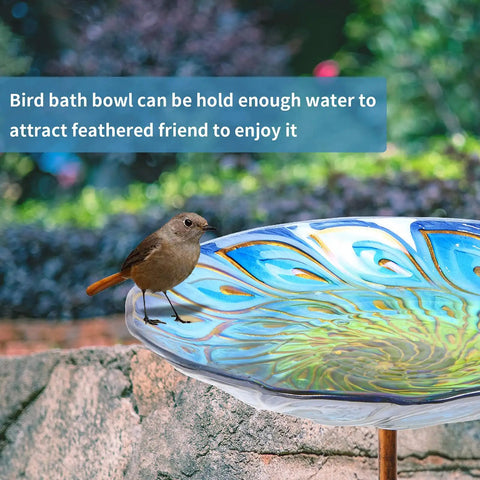 Glass Bird Bath On Metal Stake With Four Pronged Base For Stability Easy Assembly Outdoor Garden Bird Feeder Peacock Style