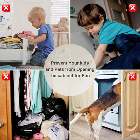 Collage showing uses for 5 Pack Ultra Thin Magnetic Door Catch With Adhesive Tape, 0.08 Inch Stainless Steel Cabinet Latch, Easy No Drill Install.
