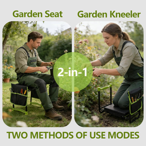 Heavy Duty Garden Kneeler And Seat 2-In-1 Foldable Bench with 11 Inch Detachable Kneeling Pad shown in use as seat and kneeler