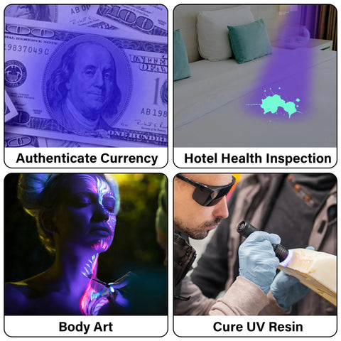 UV Black Light Flashlight Three Pack With 51 LEDs 395nm for diverse uses including currency authentication and hotel inspections