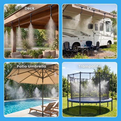 Adjustable Misting System With 360 Degree Flexible Brass Nozzles And A 32Ft Preassembled Mister Hose used on deck, RV, umbrella, trampoline
