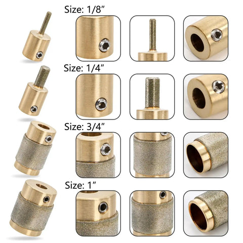 Set Of 4 Diamond Glass Grinder Bits For Stained Glass Sizes One Inch Three Quarter Inch One Quarter Inch One Eighth Inch Chrome Plated Hardened Tips With Brass Core Includes Four Allen Wrenches Ideal Pro DIY Glass Art Tool Kit
