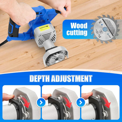 Tough As Nails Toe Kick Saw Cuts Flush Under Cabinets With 3 3/8 Inch Blades displayed with depth adjustment mechanism.