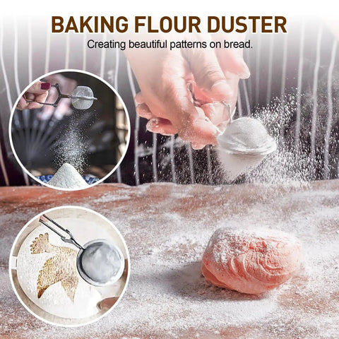 Baking flour duster in use from 9 Inch Round Sourdough Bread Proofing Basket And Complete Starter Kit With Dough Whisk, Bread Lame.
