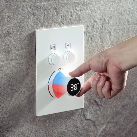 Digital Display Rainfall Shower Faucet Set With Real Time Temperature Reading control panel showing temperature readout and adjustment knobs.
