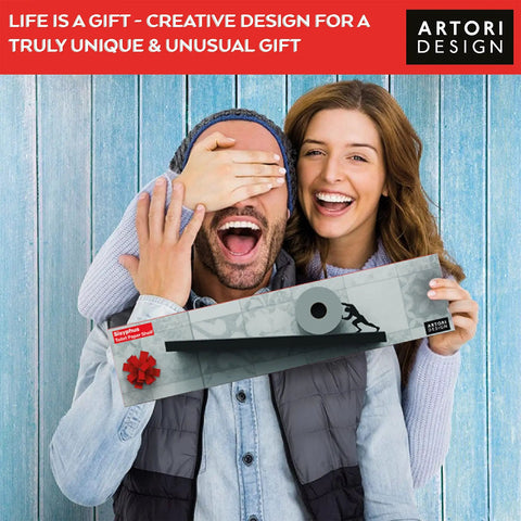 Couple holds Sisyphus Black Floating Toilet Paper Shelf Organizer For Bathroom Wall Mount Tilted Holder, smiling in excitement.