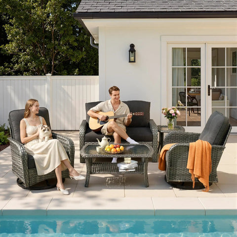 5 Piece All Weather Patio Set With Wicker Chairs And Coffee Table High Back Swivel Rockers Modern Rattan Outdoor Conversation Set