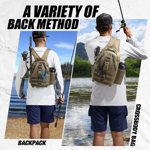 Water Resistant Fishing Backpack With Rod Holder And Padded Straps Lightweight Sling Bag For Gear And Equipment Khaki Durable 1000D Nylon Weatherproof Storage Multiple Pockets And Quick Access Latch Standard Size shown as backpack and crossbody bag on person outdoors
