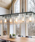 Textured Glass Chandelier With Water Ripple Panels for Dining Room and Kitchen Island, 37 Inch Rectangular Island Light Fixture