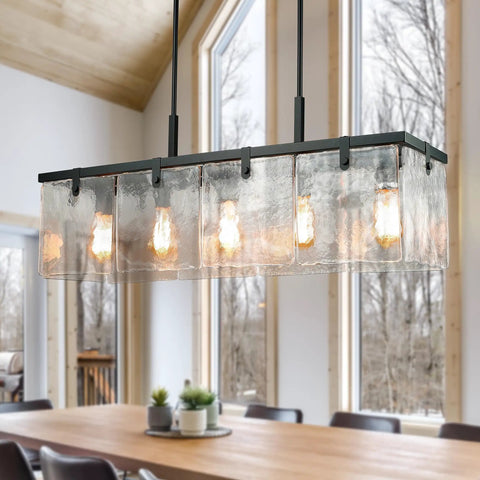 Textured Glass Chandelier With Water Ripple Panels for Dining Room and Kitchen Island, 37 Inch Rectangular Island Light Fixture