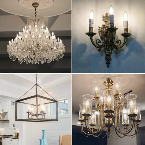 Dimmable E12 LED Candle Bulb 4000K Daylight For Chandeliers And Ceiling Fans in different chandelier settings