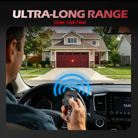 Person using Two Pack Delta 3 310MHz Garage Door Remote Replacement With 8 Dip Switches from car, ultra-long range of 164 ft
