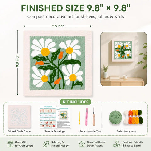 Beginner Punch Needle Kit With 9.8 Inch Frame, All In One Yarn Craft Set For Adults, Includes Punch Needle Tool, Scissors, Colorful Yarn And Simple Instructions, Green showing floral design and kit contents
