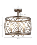 15.75 Inch Trellis Cage Semi Flush Mount Ceiling Light Three Light Openwork Lantern With Dope Aged Silver Finish Industrial Style Antique Mesh Wire for Hallway Foyer Bedroom Or Bathroom With E12 Base Bulbs Not Included, front view
