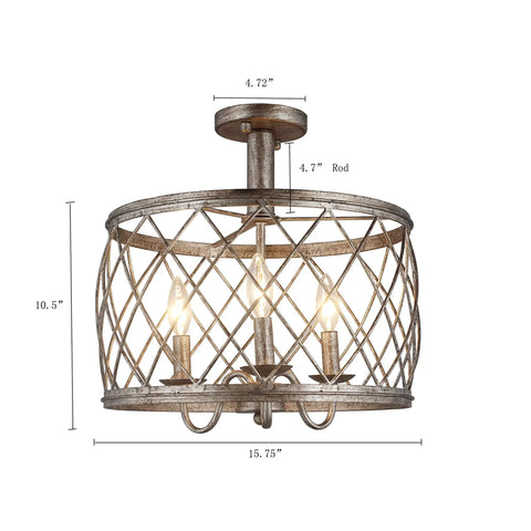 15.75 Inch Trellis Cage Semi Flush Mount Ceiling Light Three Light Openwork Lantern With Dope Aged Silver Finish Industrial Style Antique Mesh Wire for Hallway Foyer Bedroom Or Bathroom With E12 Base Bulbs Not Included, front view