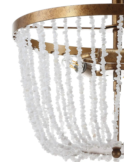 Close-up of Antique Gold 3 Light Flush Mount Chandelier With Quartz Bead Accents In Stone And Metal For Dining Room Or Bedroom Modern Transitional Style LED Bulbs Included Lit Upgrade showing quartz beads and gold frame.
