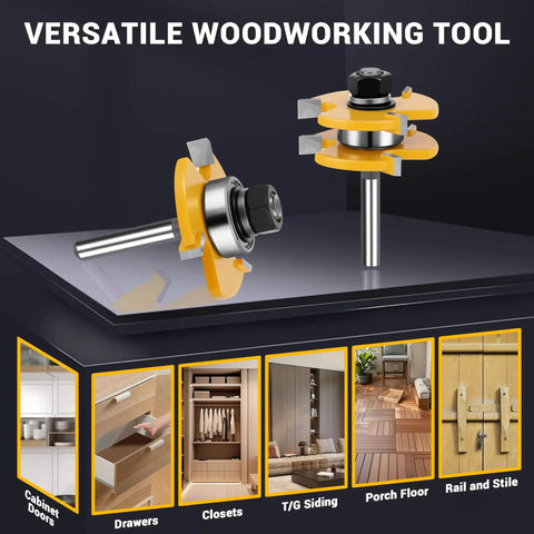 2 Pack Tongue And Groove Router Bit Set 1/4 Inch Shank, adjustable 3-tooth T-style bits for woodworking projects