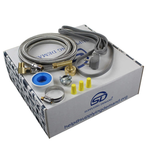 Universal Dishwasher Install Kit With 6 Foot Stainless Steel Hose And 6 Foot Power Cable Copper Elbow Wire Connectors Teflon Tape