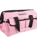 Front view of pink carrying bag from Pink 123 Piece Tool Kit With Carrying Bag Heat Treated Steel Hand Tools And Repair Set For Apartments Dorms And Homeowners All Your Must Have DIY Essentials For Quick Fixes And Everyday Projects
