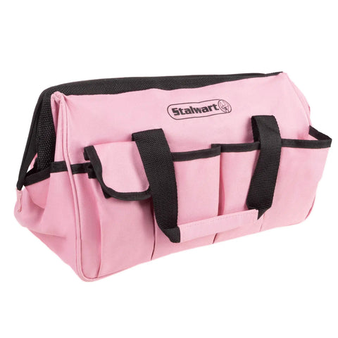 Front view of pink carrying bag from Pink 123 Piece Tool Kit With Carrying Bag Heat Treated Steel Hand Tools And Repair Set For Apartments Dorms And Homeowners All Your Must Have DIY Essentials For Quick Fixes And Everyday Projects