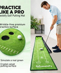 Man practicing on indoor putting green with auto ball return, wrinkle-free golf mat, non-slip surface, and alignment markings.