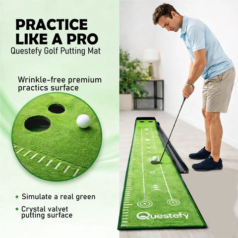 Man practicing on indoor putting green with auto ball return, wrinkle-free golf mat, non-slip surface, and alignment markings.