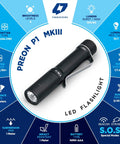 Pocket Size EDC Flashlight With Clip 92 Plus CRI Natural Light For True Colors Mini Black Anodized LED Torch With Multiple Modes Including Strobe And Beacon Compact Everyday Carry Light with product details and features chart.