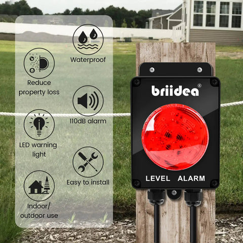 High Water Alarm For Septic Tank And Sump Pump Indoor Outdoor With 110dB Siren And Big LED Indicator No Joke displayed outdoors