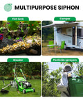 Straight Shooter Gas Siphon Hose Pump With Self Priming Syphon Tube For Fuel Water Diesel Transfer, 10 Foot Heavy Duty Pvc Hose shown in use across fish tank, camper, weeder, pesticide sprayers.