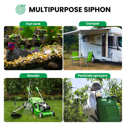 Straight Shooter Gas Siphon Hose Pump With Self Priming Syphon Tube For Fuel Water Diesel Transfer, 10 Foot Heavy Duty Pvc Hose shown in use across fish tank, camper, weeder, pesticide sprayers.