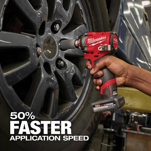 Using Stubby Half Inch Cordless Impact Wrench, Ultra-Compact 4.9 Inch Length, 250 Ft-Lbs Breakaway Torque on car wheel
