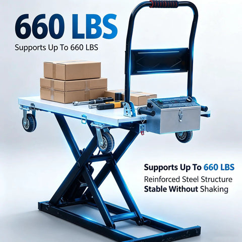 Electric Hydraulic Lift Table Cart Featuring Smooth Gliding Rails And One Touch Power Raise For No Sweat Material Handling Up To 660 Pounds On A Heavy Duty Workhorse Frame