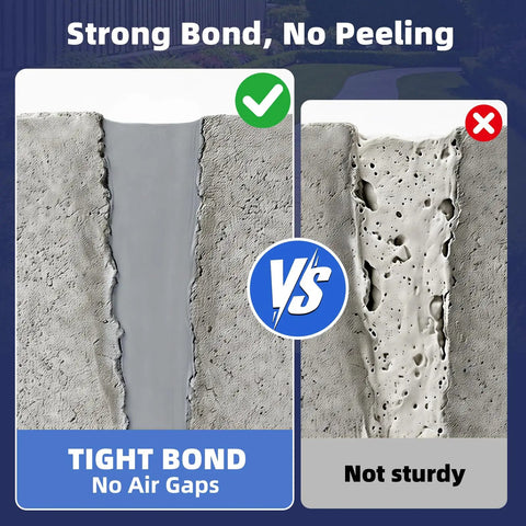 Comparison of self leveling concrete crack filler with strong bond on left and weak bond on right