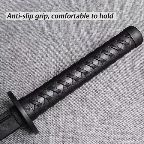 Close-up of handle on Black Polypropylene Training Katana Sword With Sheath Belt And Stand One Piece Blade For Safe Practice