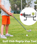 Person playing golf with circle inset showing Heavy Duty Golf Shaft Clamp For Quick Shaft Replacement And Club Grip Setup.