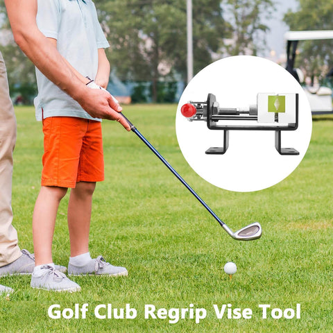 Person playing golf with circle inset showing Heavy Duty Golf Shaft Clamp For Quick Shaft Replacement And Club Grip Setup.