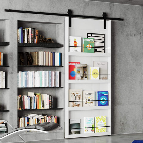Sliding Barn Door With Shelf Style 48x84 Inches Primed MDF Includes 8ft Hardware Kit For Easy Mount Farmhouse Look You Can Paint DIY Ready Assembly Required with books displayed in a modern home setting.