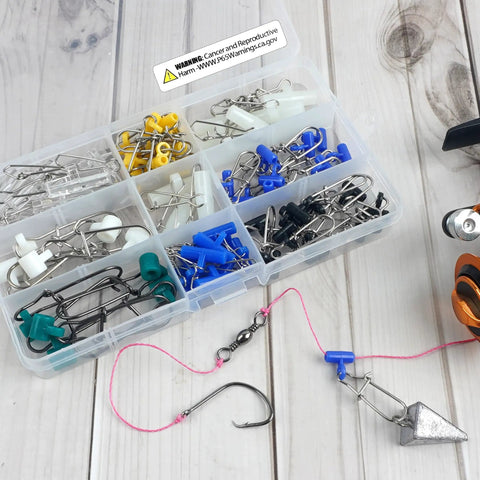 Heavy Duty Sinker Slides For Catfishing Rig Tackle 70 Piece Set With Stainless Steel Duo Lock Snap Swivels in storage box