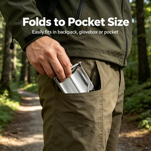 Person placing Ultra Portable Folding Shovel For Camping And Garden Tasks Mini Trowel into pocket