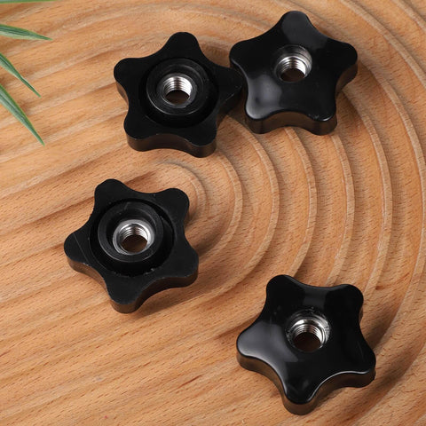 Heavy Duty Black Star Knobs Set, 3/8-16 Wing Nuts with Female Thread, 4 Pack Clamp Knobs for T Track Bolts, on wooden surface.