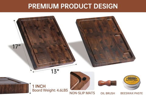 Top Shelf Solid Walnut End Grain Cutting Board Heavy Duty Kitchen Prep Surface With Deep Juice Channels 17X13X1 Inch with edges visible.