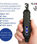 Hand holding multitool from Emergency Bike Repair Kit With Lightweight Cycling Toolkit Includes Multitool Air Pump Tire Levers and more.