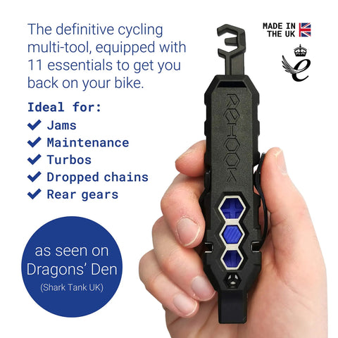 Hand holding multitool from Emergency Bike Repair Kit With Lightweight Cycling Toolkit Includes Multitool Air Pump Tire Levers and more.