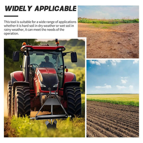 Tractor with Beefy Category 1 Three Point Middle Buster Plow on field; heavy-duty steel plow visible with wide compatibility.