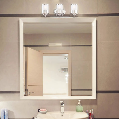 Essence 3 Light Bathroom Vanity Light Fixture In Chrome With Sand Clear Glass Shades Damp Location Rated Steel Construction