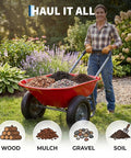 Person using Heavy Duty Dual Wheel Wheelbarrow Garden Cart With Built In Stand in garden carrying wood, mulch, gravel, soil