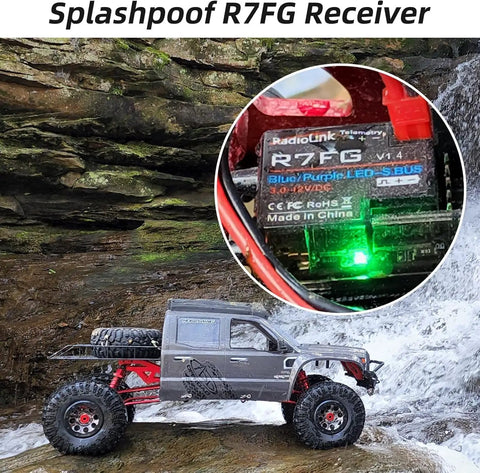 7 Channel RC Gyro Receiver With Real Time Voltage Telemetry installed on RC crawler near a waterfall