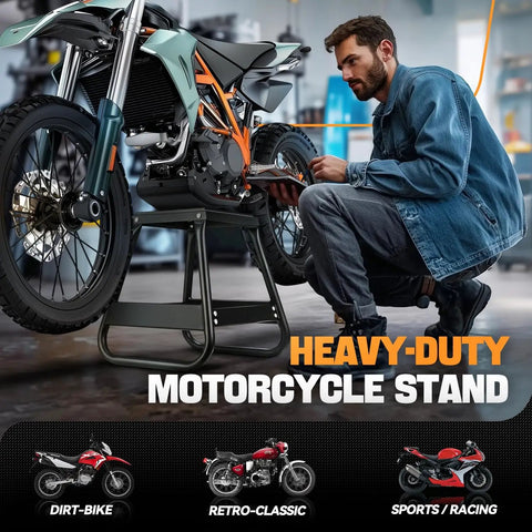 Heavy Duty Detachable Anti Slip Dirt Bike Stand Jack For Universal Motorcycle Maintenance Elevates Dirt Bikes Up To 1000 Lbs To 15.7 Inches High Black Durable Steel Construction in use
